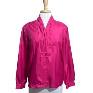 LAUREN LEE VTG 80s Women's 14 Fuchsia One Button Deep V Neck Kimono Blouse